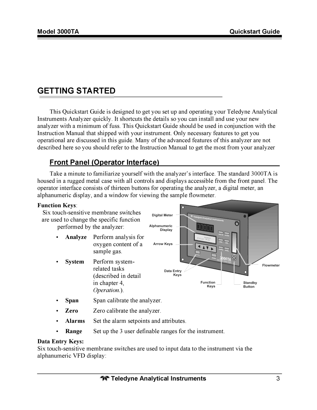 Teledyne 3000TA quick start Front Panel Operator Interface, Function Keys, Data Entry Keys 