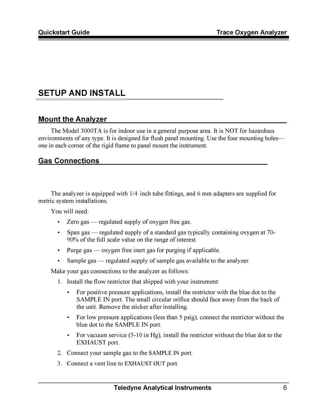 Teledyne 3000TA quick start Mount the Analyzer, Gas Connections 