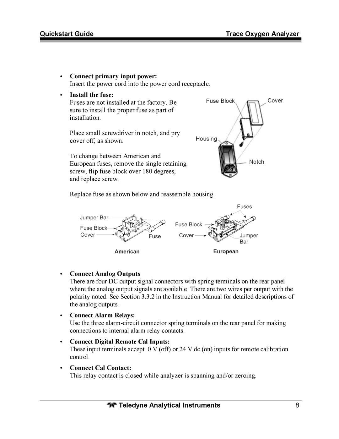 Teledyne 3000TA quick start Connect primary input power, Install the fuse, Connect Analog Outputs Connect Alarm Relays 