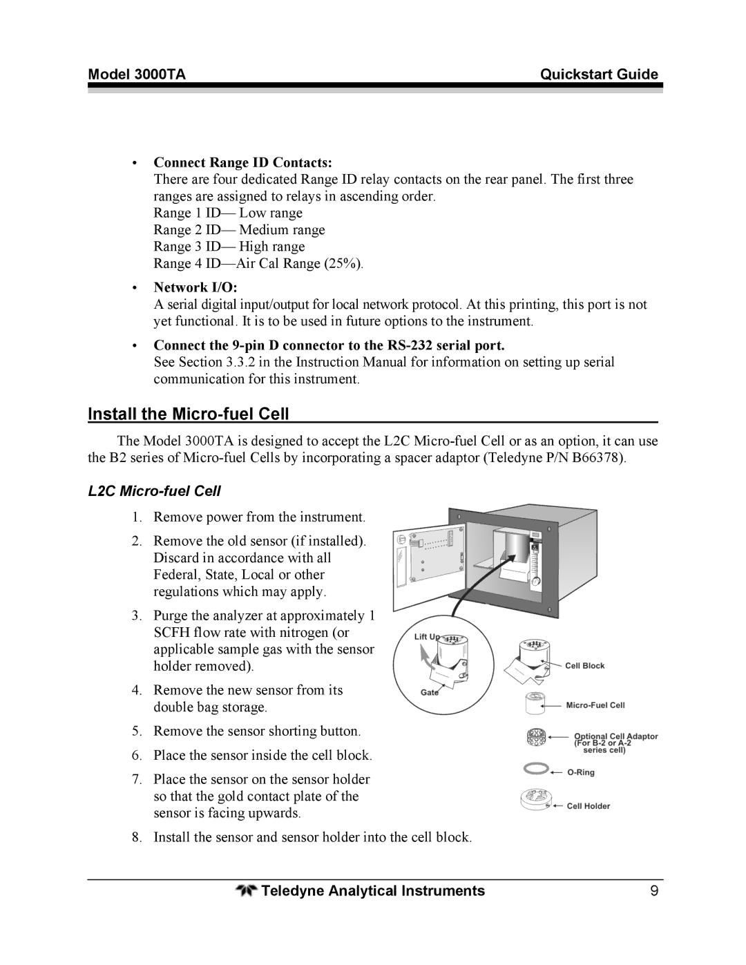 Teledyne 3000TA quick start Install the Micro-fuel Cell, Connect Range ID Contacts, Network I/O, L2C Micro-fuel Cell 