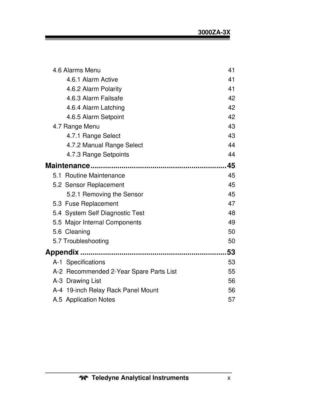 Teledyne 3000ZA-3X operating instructions Maintenance, Appendix 