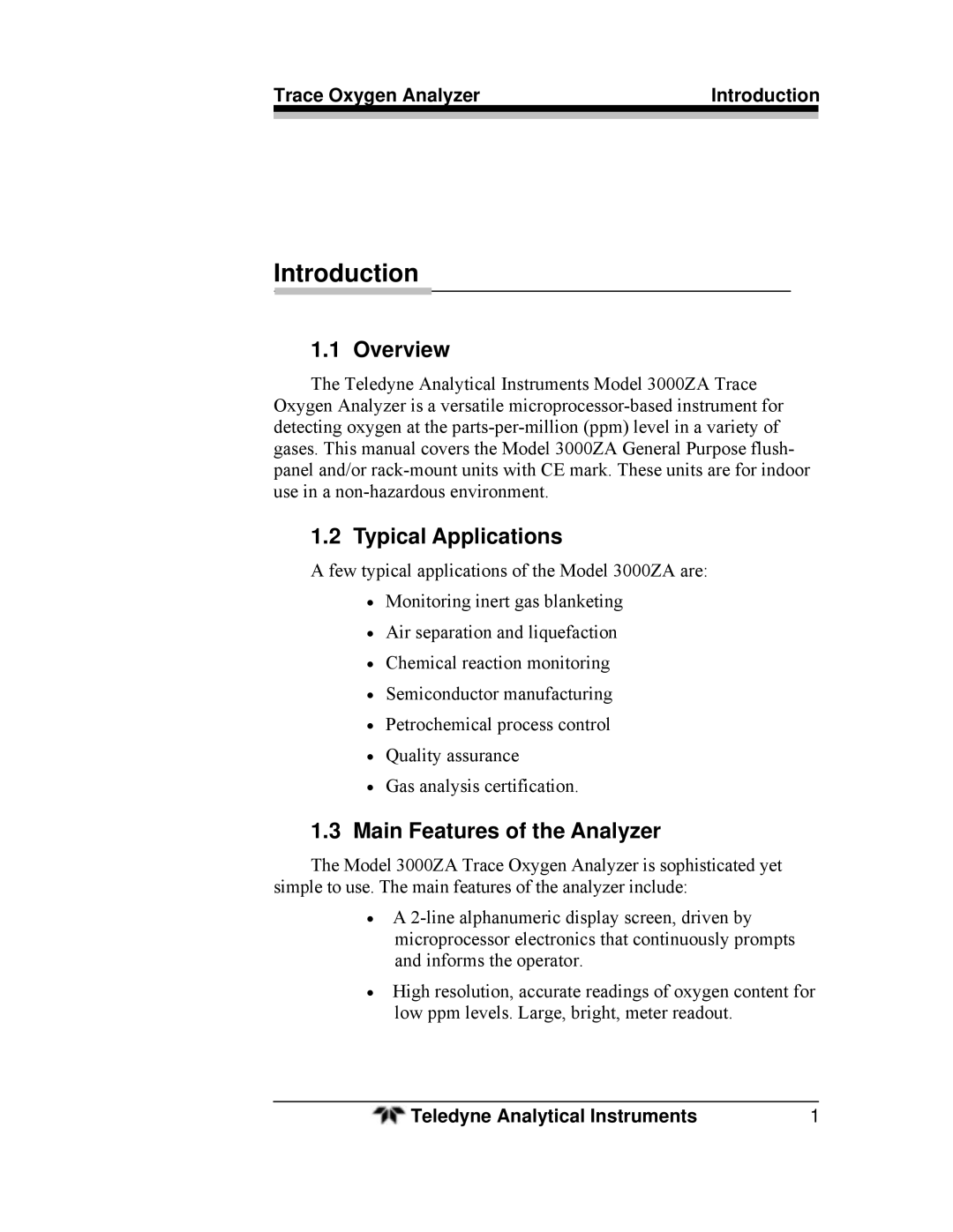 Teledyne 3000ZA-3X operating instructions Introduction, Overview, Typical Applications, Main Features of the Analyzer 