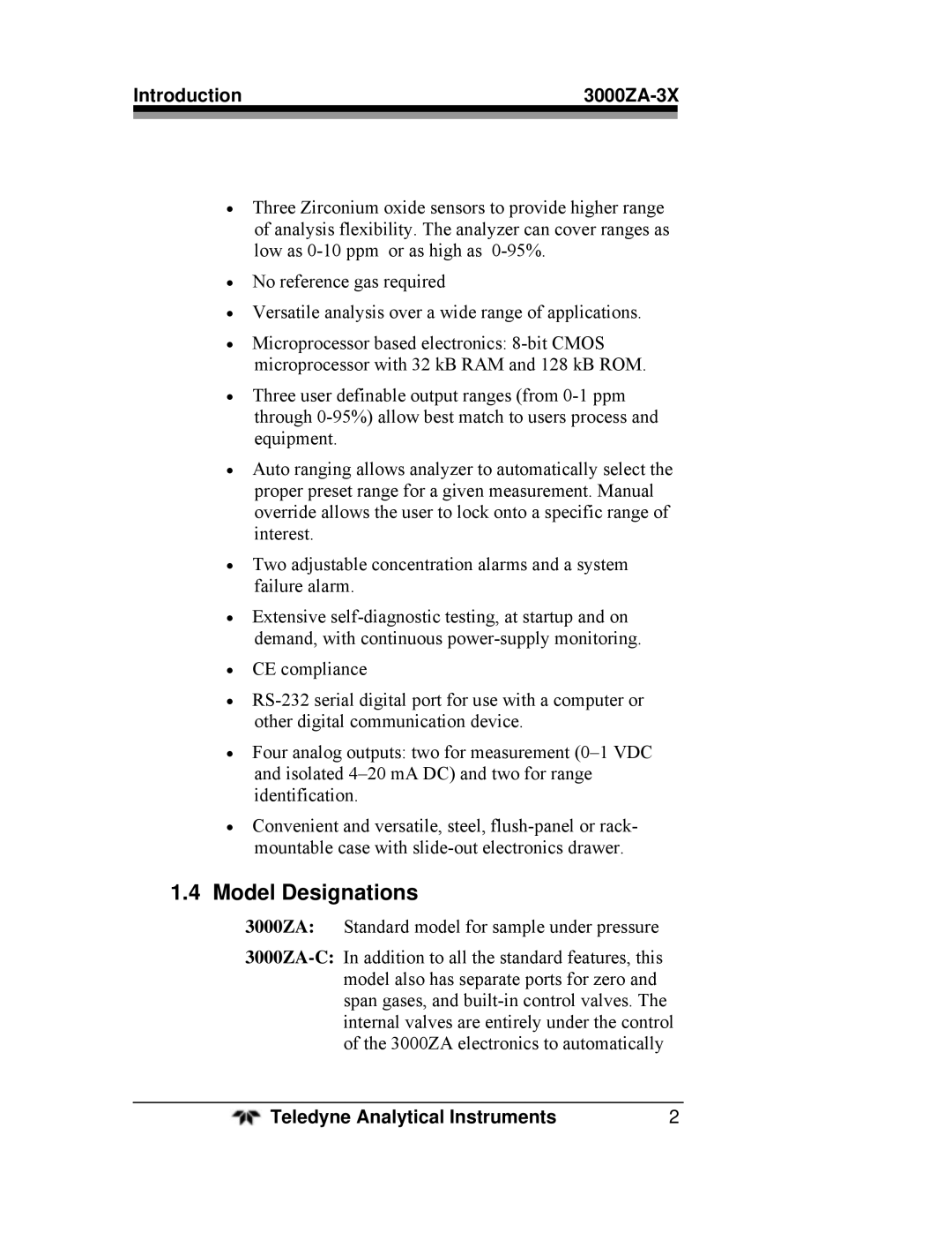 Teledyne operating instructions Model Designations, Introduction 3000ZA-3X 