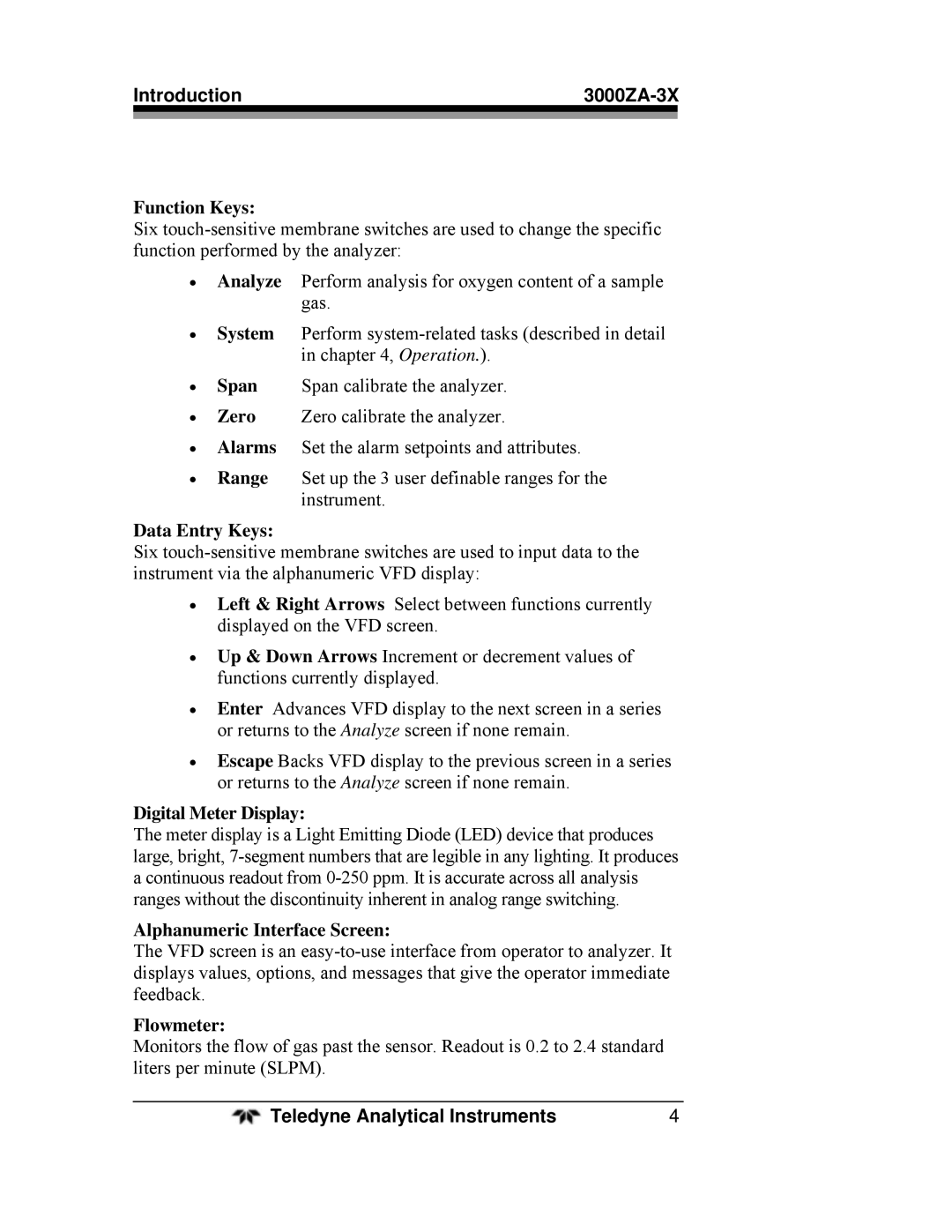 Teledyne 3000ZA-3X Function Keys, Data Entry Keys, Digital Meter Display, Alphanumeric Interface Screen, Flowmeter 