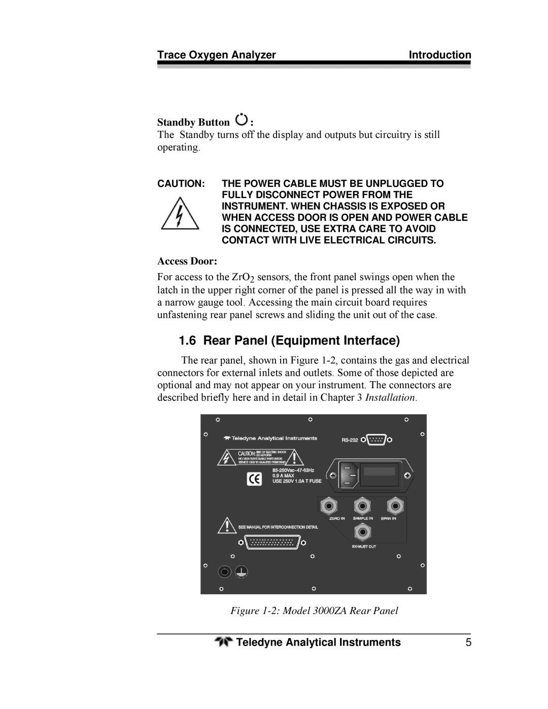 Teledyne 3000ZA-3X operating instructions Rear Panel Equipment Interface, Standby Button, Access Door 