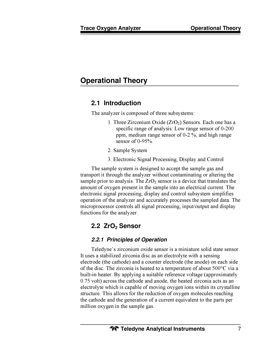 Teledyne 3000ZA-3X operating instructions Operational Theory, Introduction, ZrO2 Sensor, Principles of Operation 