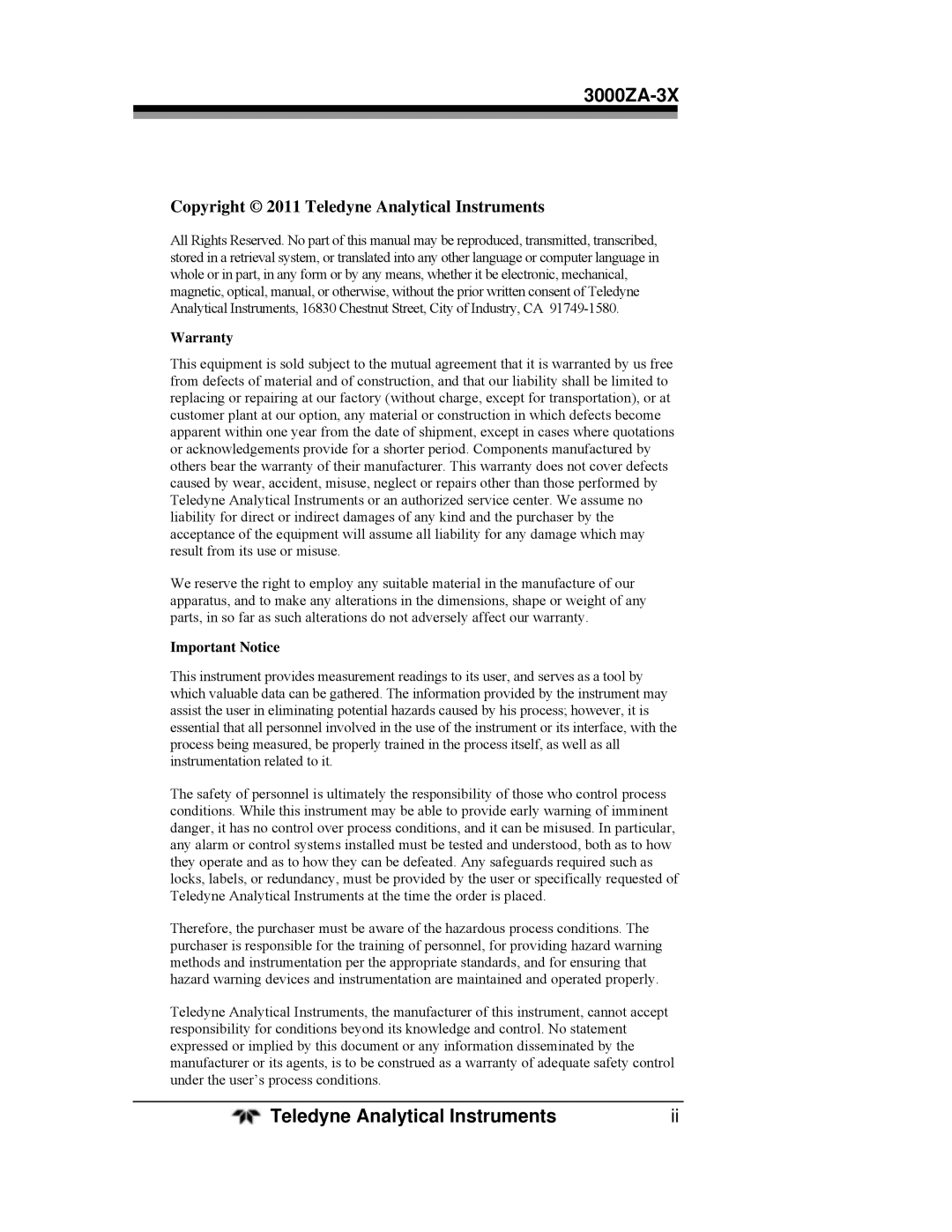 Teledyne 3000ZA-3X operating instructions 