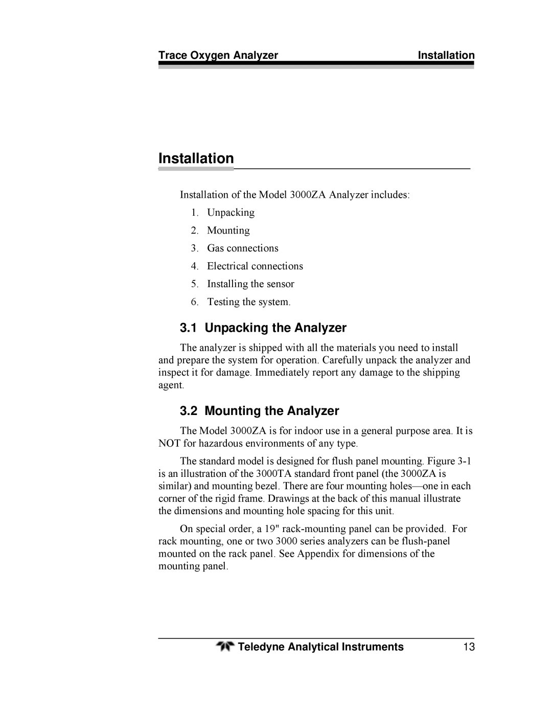 Teledyne 3000ZA-3X operating instructions Installation, Unpacking the Analyzer, Mounting the Analyzer 