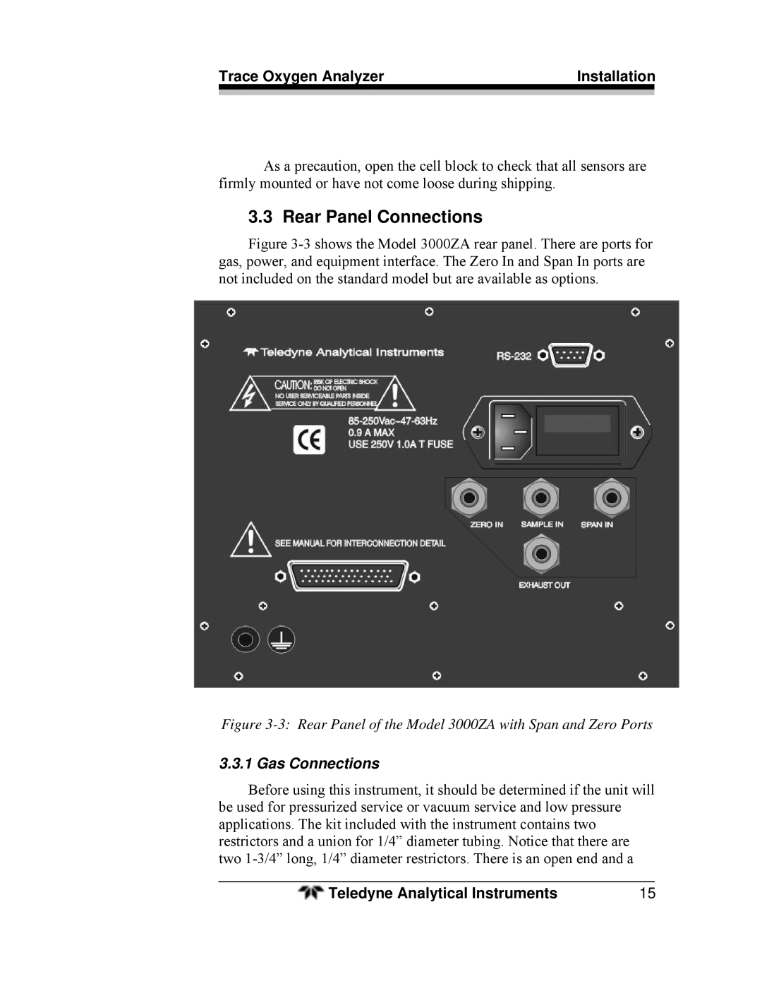 Teledyne 3000ZA-3X operating instructions Rear Panel Connections, Gas Connections 