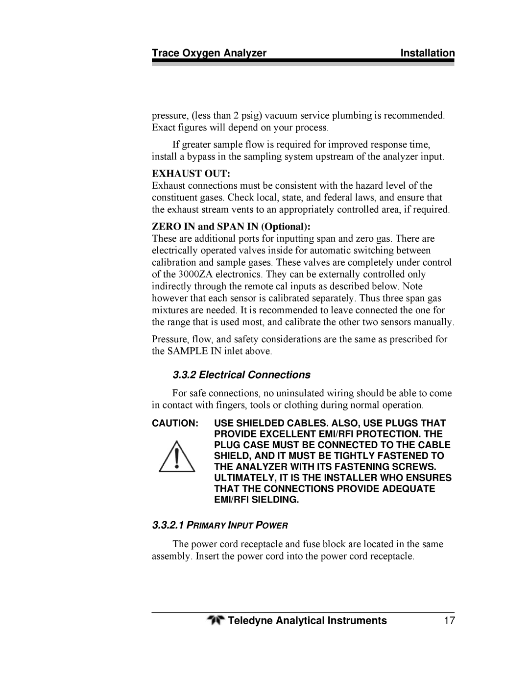 Teledyne 3000ZA-3X operating instructions Zero in and Span in Optional, Electrical Connections 