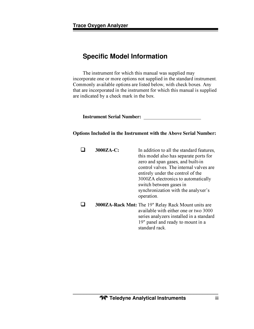 Teledyne 3000ZA-3X operating instructions Specific Model Information 