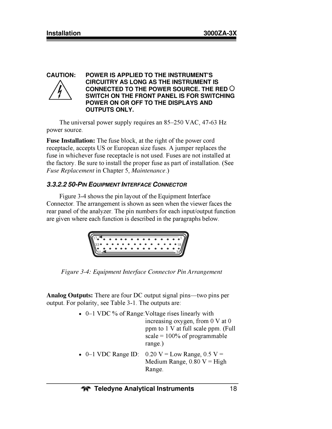 Teledyne 3000ZA-3X operating instructions Equipment Interface Connector Pin Arrangement 