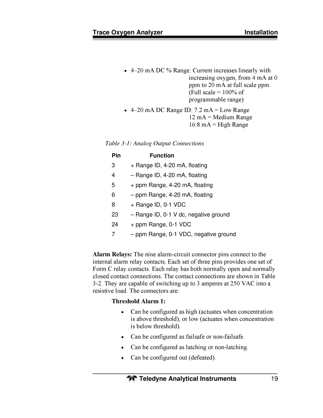 Teledyne 3000ZA-3X operating instructions Analog Output Connections, Threshold Alarm 