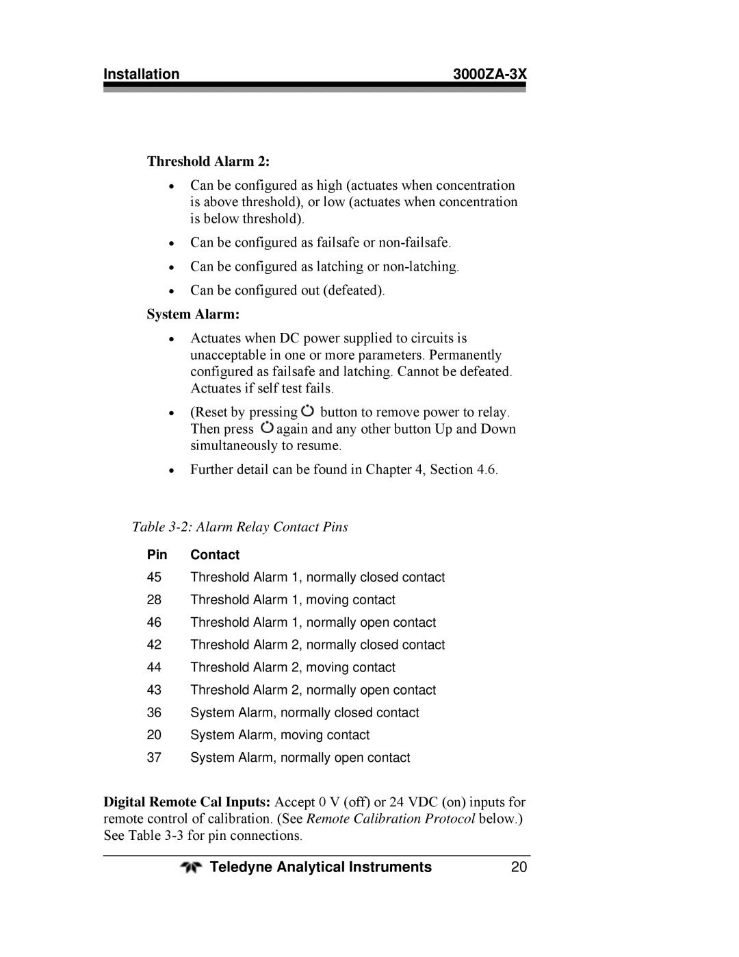 Teledyne 3000ZA-3X operating instructions System Alarm, Alarm Relay Contact Pins 