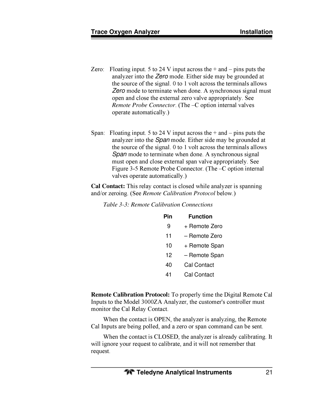 Teledyne 3000ZA-3X operating instructions Remote Calibration Connections 