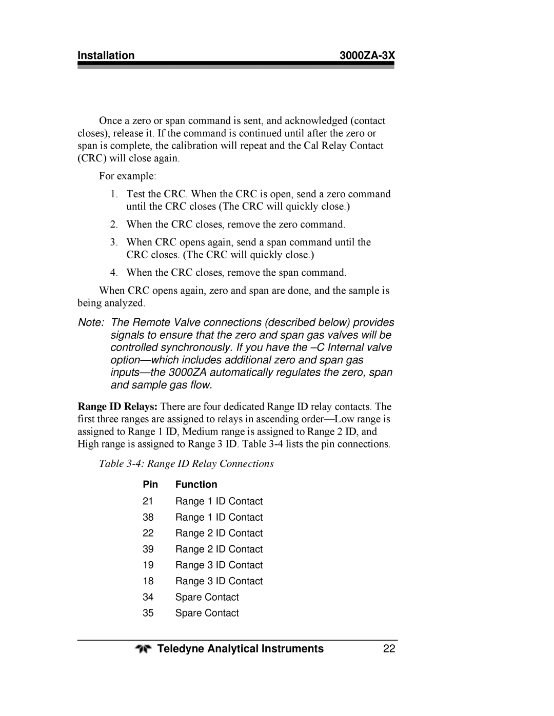 Teledyne 3000ZA-3X operating instructions Range ID Relay Connections 