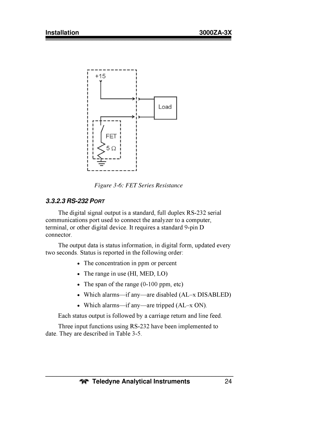 Teledyne 3000ZA-3X operating instructions FET Series Resistance, 2.3 RS-232 Port 