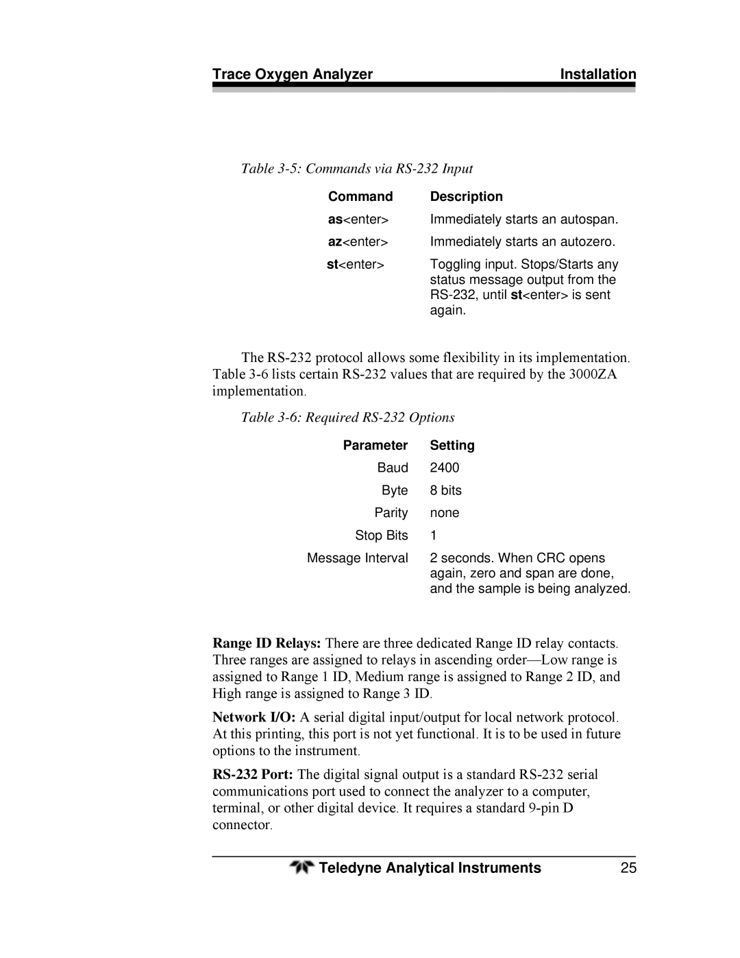 Teledyne 3000ZA-3X operating instructions Commands via RS-232 Input 