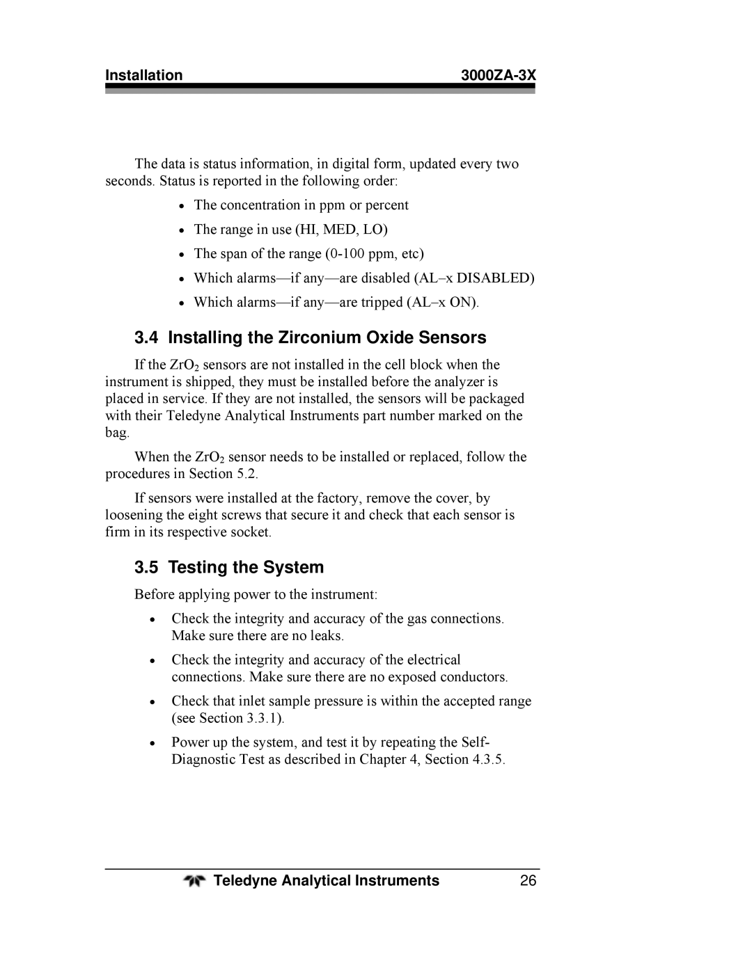 Teledyne 3000ZA-3X operating instructions Installing the Zirconium Oxide Sensors, Testing the System 