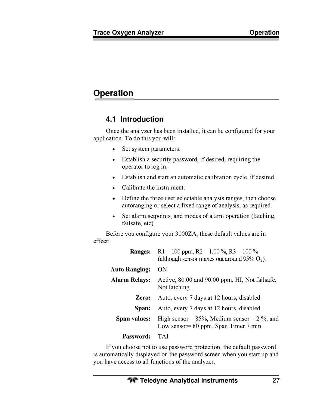 Teledyne 3000ZA-3X operating instructions Operation 