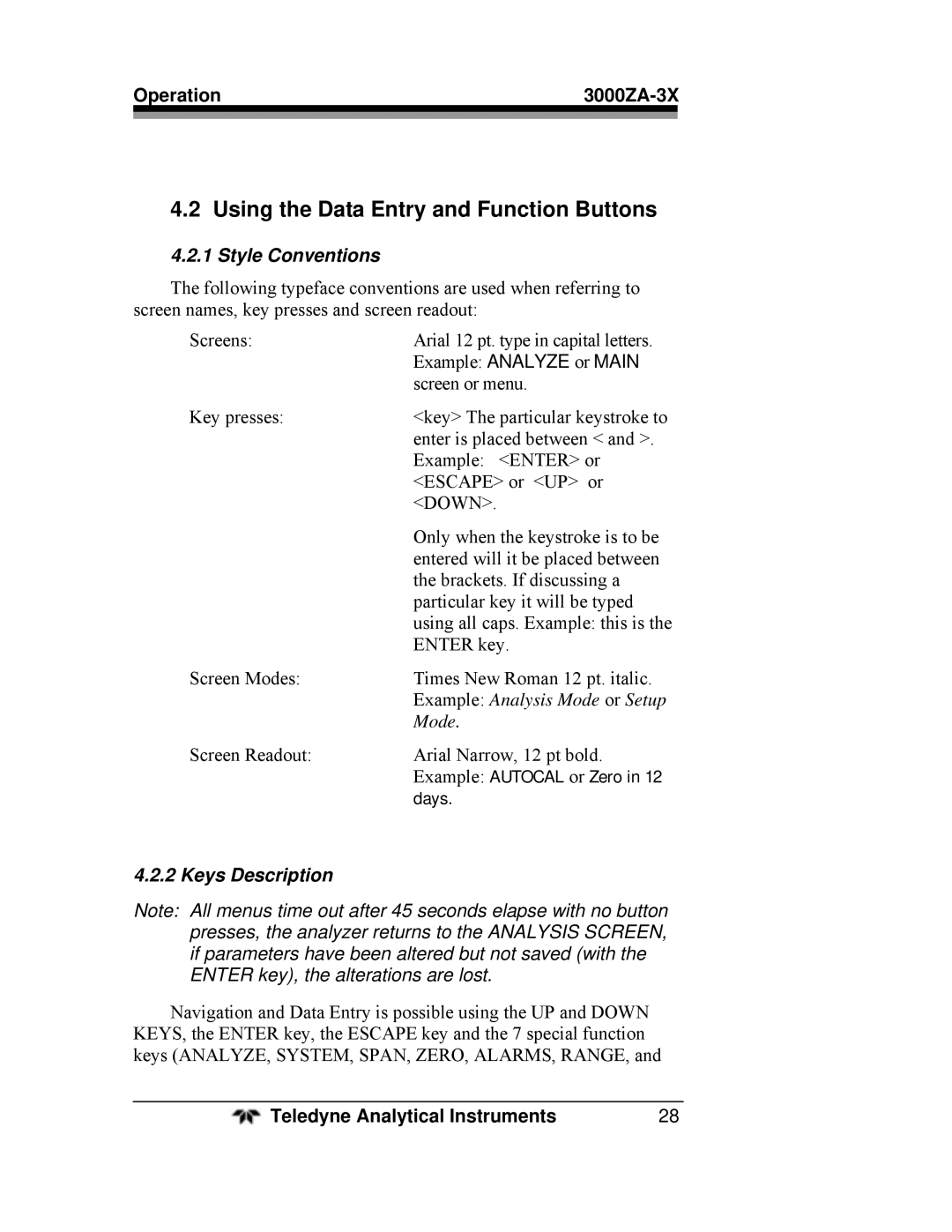 Teledyne 3000ZA-3X operating instructions Using the Data Entry and Function Buttons, Style Conventions, Keys Description 