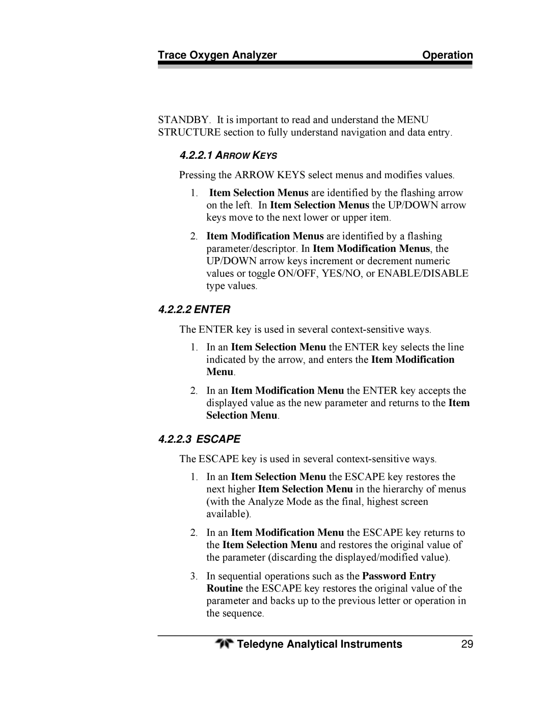 Teledyne 3000ZA-3X operating instructions Enter, Escape 