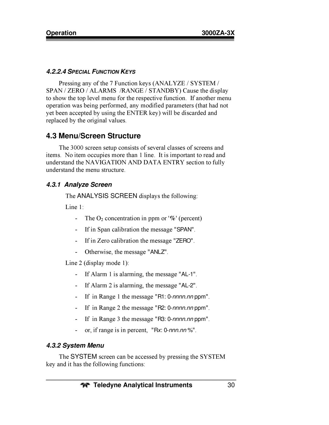 Teledyne 3000ZA-3X operating instructions Menu/Screen Structure, Analyze Screen, System Menu 