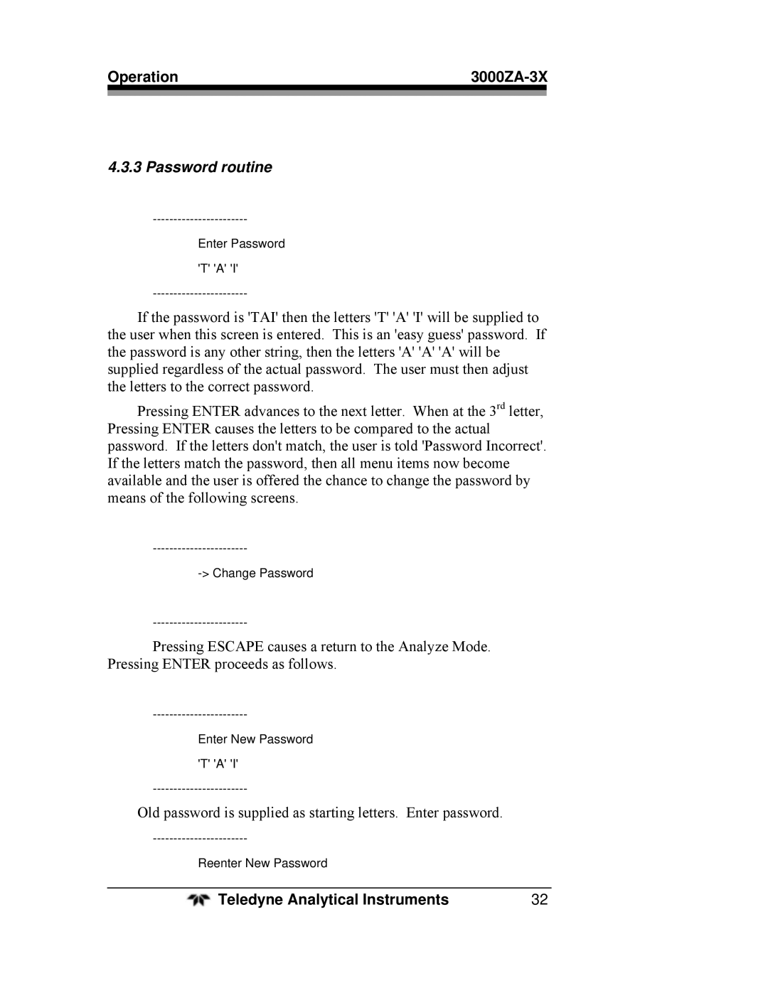 Teledyne 3000ZA-3X Password routine, Enter Password T a, Change Password, Enter New Password T a, Reenter New Password 