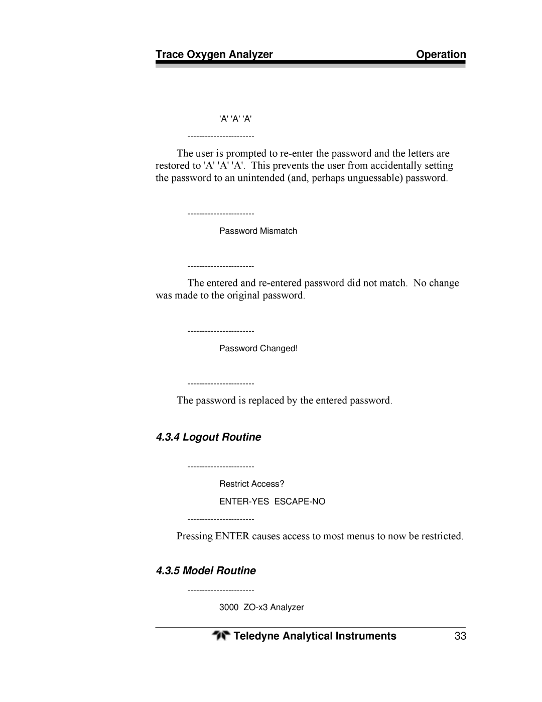 Teledyne 3000ZA-3X operating instructions Logout Routine, Model Routine 