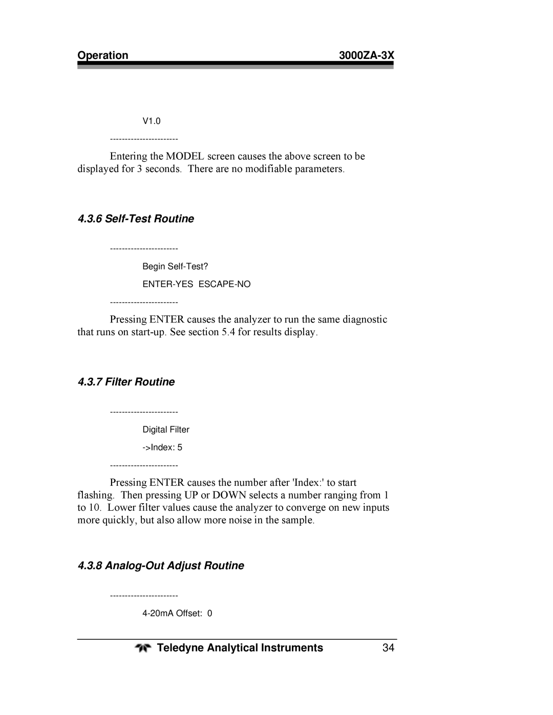 Teledyne 3000ZA-3X operating instructions Self-Test Routine, Filter Routine, Analog-Out Adjust Routine 