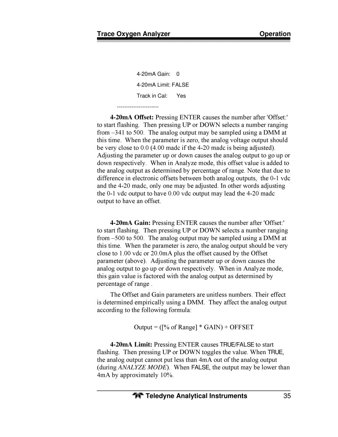 Teledyne 3000ZA-3X operating instructions 20mA Gain 20mA Limit False Track in Cal Yes 