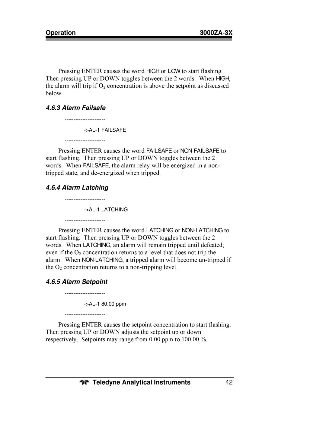 Teledyne 3000ZA-3X operating instructions Alarm Failsafe, Alarm Latching, Alarm Setpoint, AL-1 80.00 ppm 