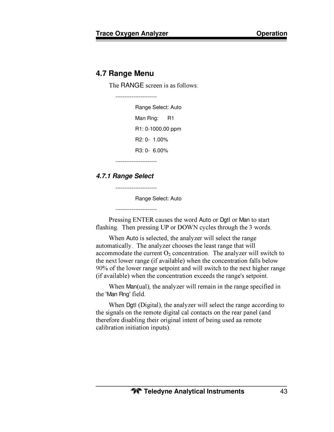 Teledyne 3000ZA-3X operating instructions Range Menu, Range Select Auto 