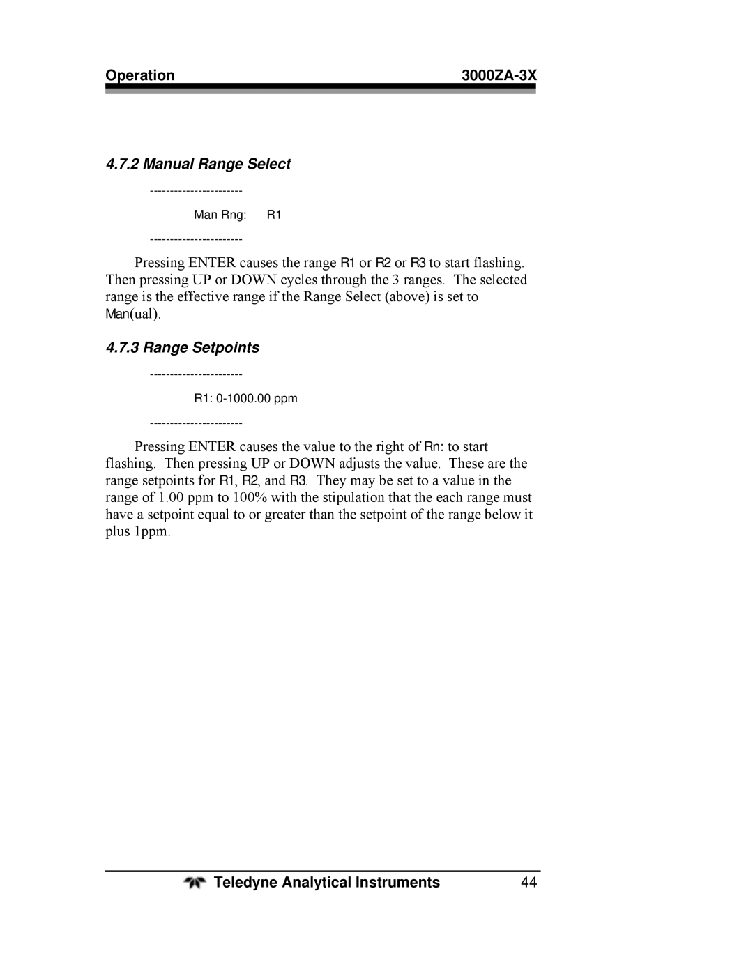 Teledyne 3000ZA-3X operating instructions Manual Range Select, Range Setpoints 