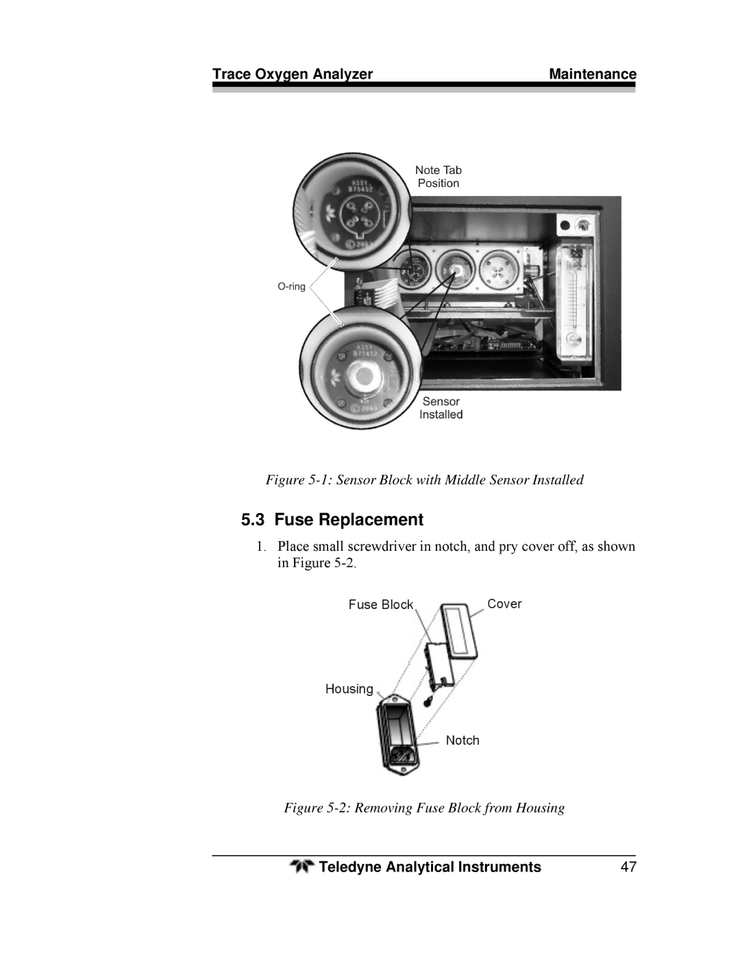 Teledyne 3000ZA-3X operating instructions Fuse Replacement, Sensor Block with Middle Sensor Installed 