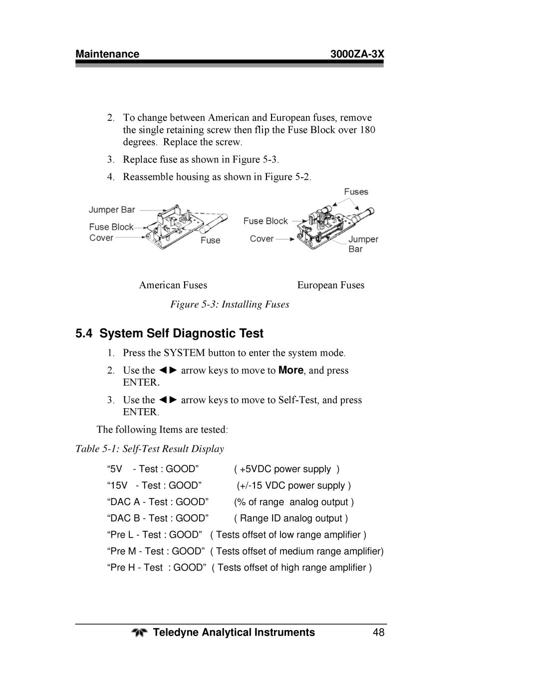 Teledyne 3000ZA-3X operating instructions System Self Diagnostic Test, Self-Test Result Display 