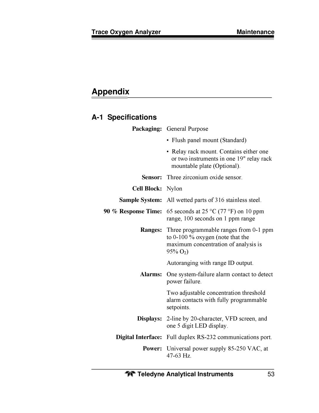 Teledyne 3000ZA-3X operating instructions Appendix, Specifications 