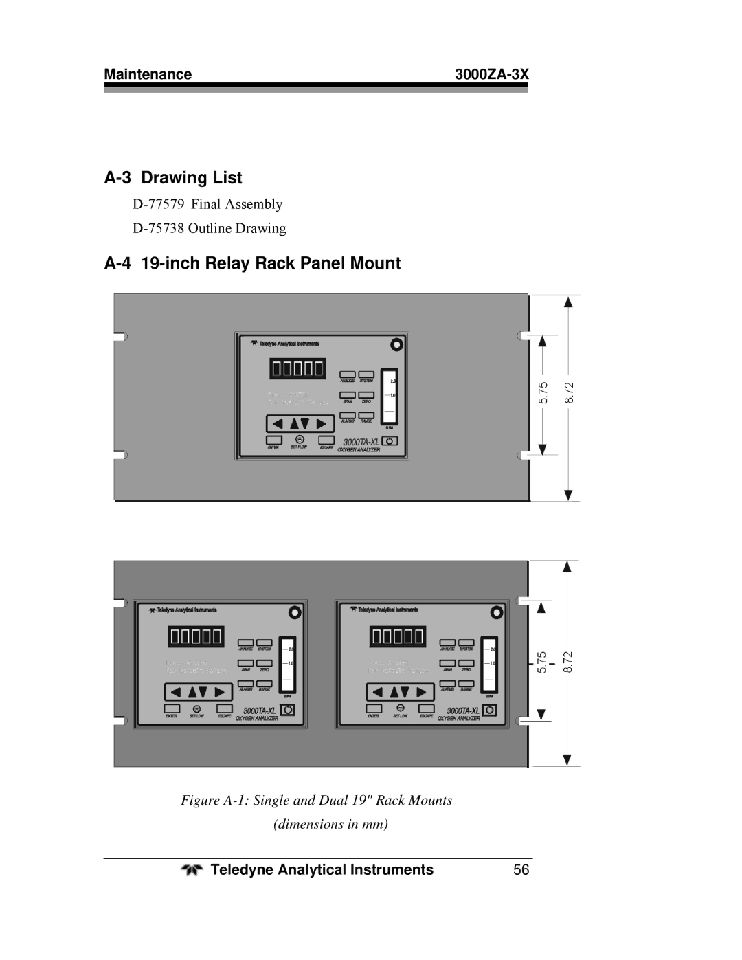 Teledyne 3000ZA-3X operating instructions Drawing List, inch Relay Rack Panel Mount 