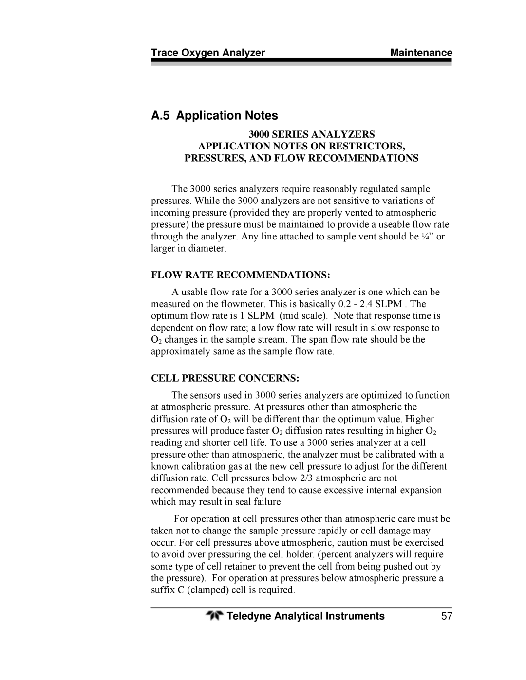 Teledyne 3000ZA-3X operating instructions Application Notes, Flow Rate Recommendations 