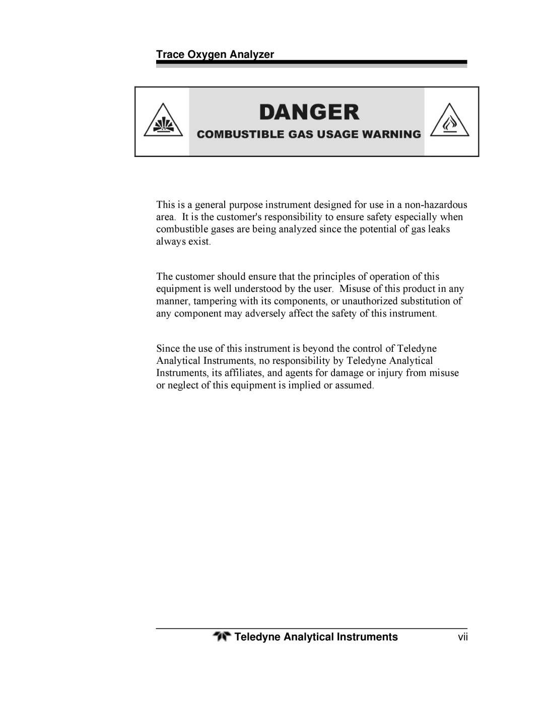 Teledyne 3000ZA-3X operating instructions Vii 