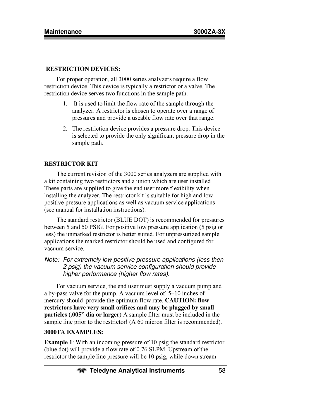 Teledyne 3000ZA-3X operating instructions Restriction Devices 