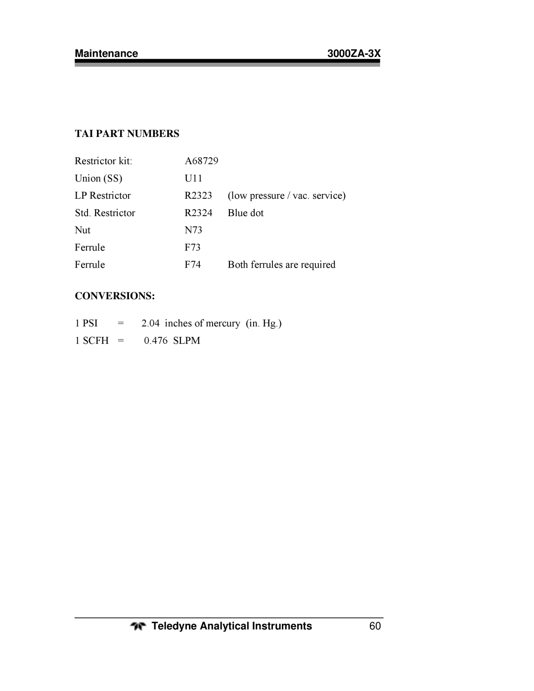 Teledyne 3000ZA-3X operating instructions Conversions 