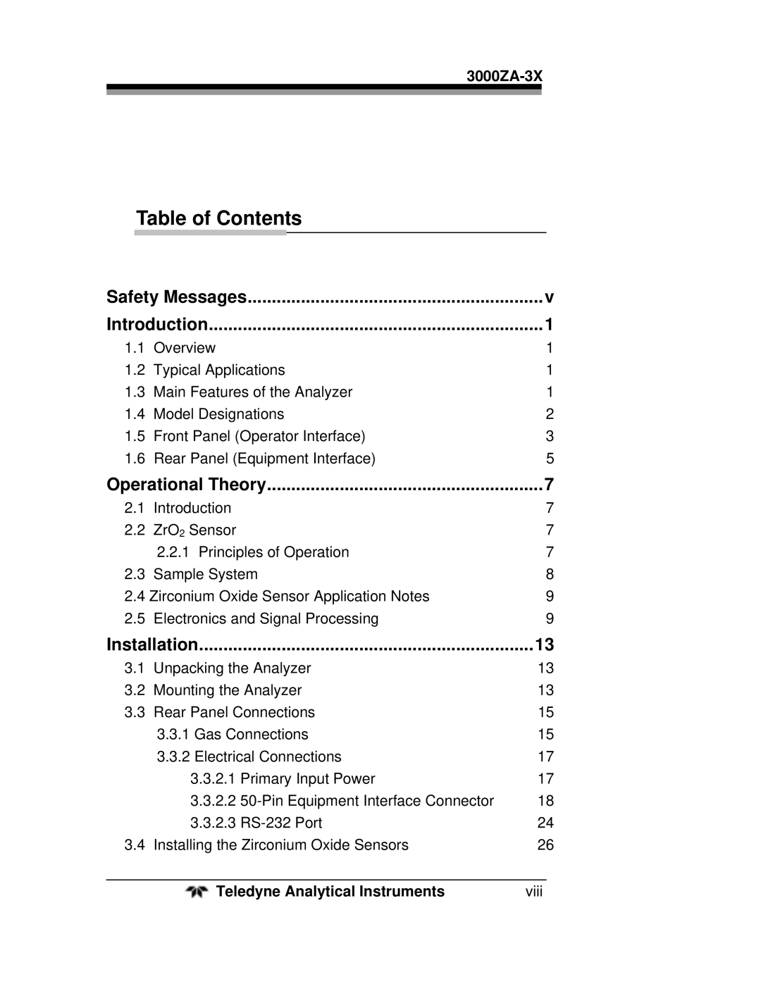 Teledyne 3000ZA-3X operating instructions Table of Contents 