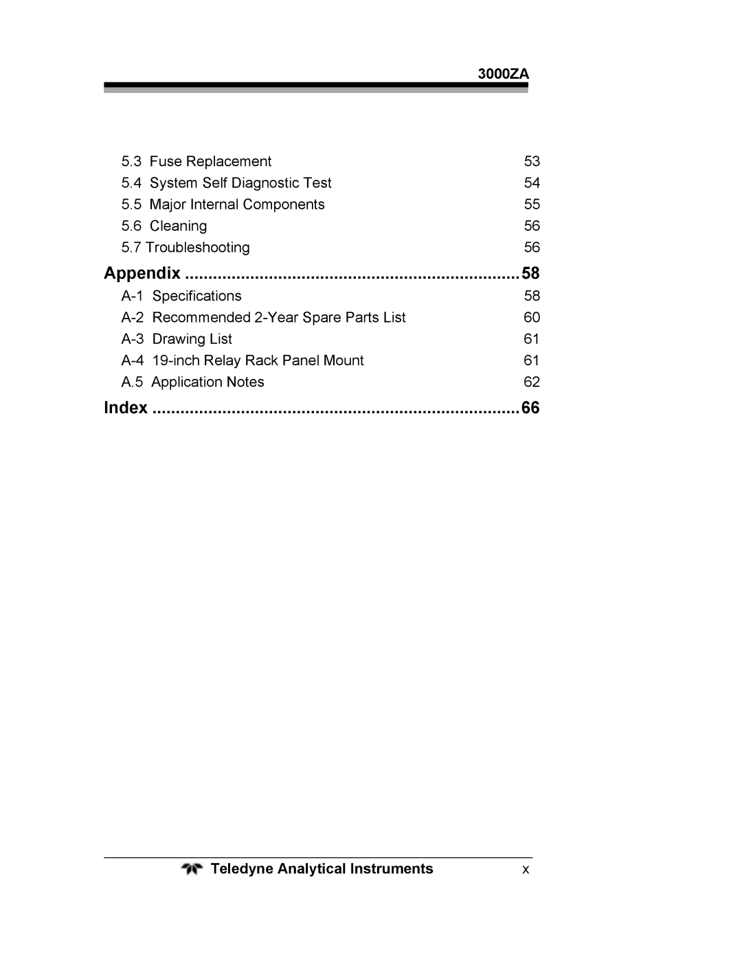 Teledyne 3000ZA operating instructions Appendix, Index 