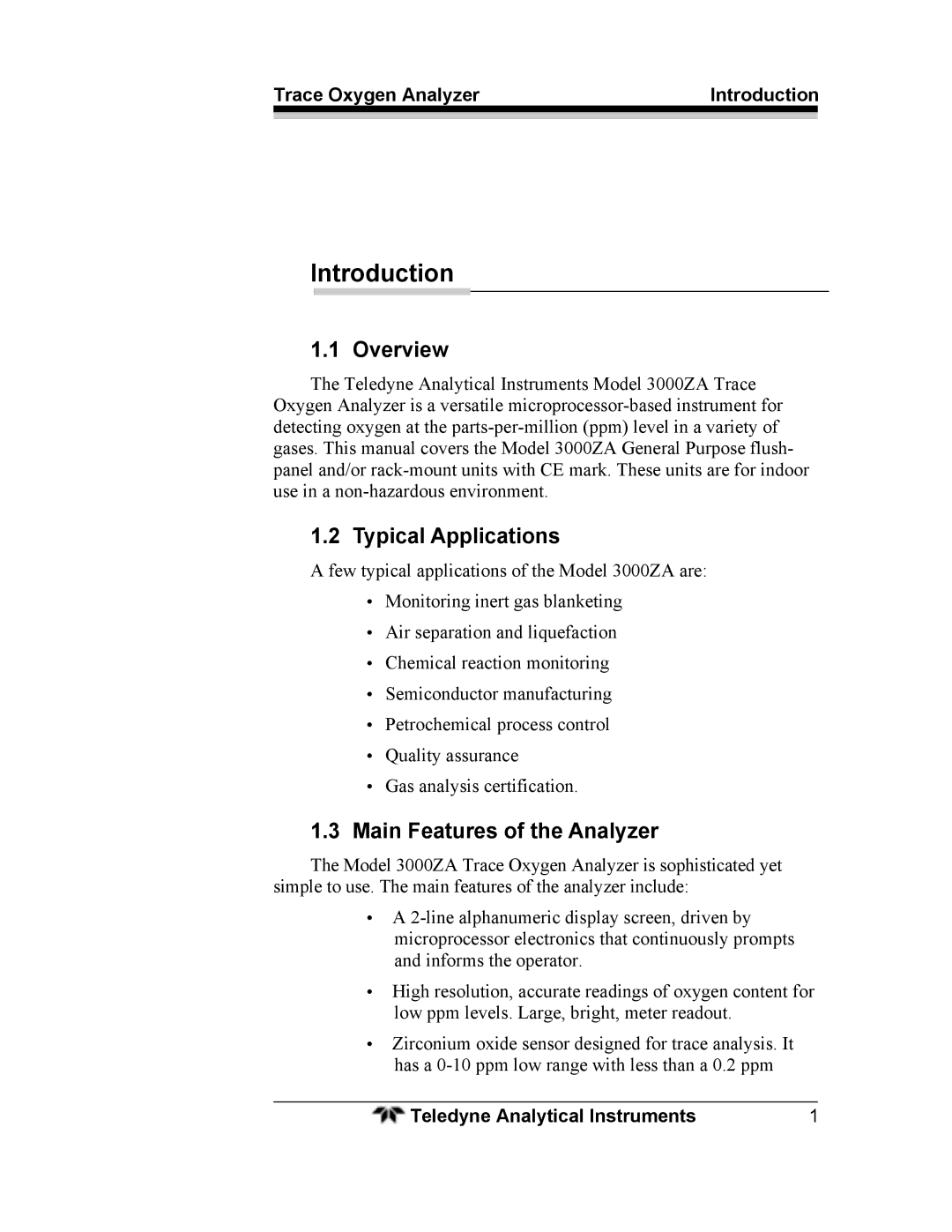 Teledyne 3000ZA operating instructions Introduction, Overview, Typical Applications, Main Features of the Analyzer 