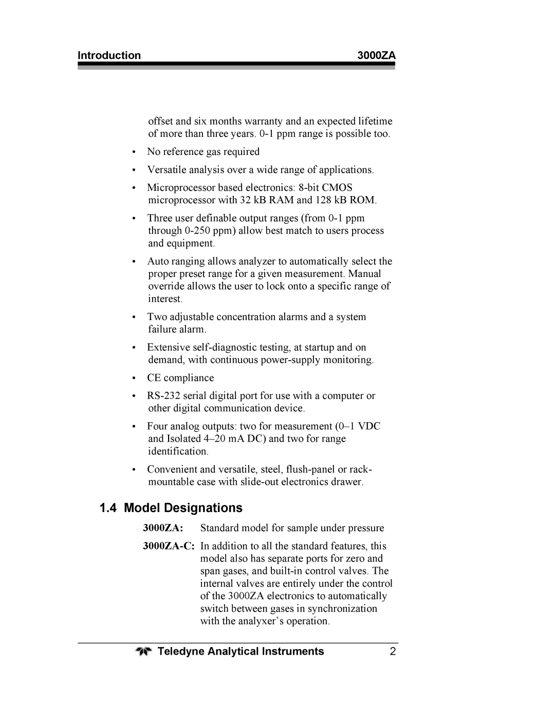 Teledyne operating instructions Model Designations, Introduction 3000ZA 