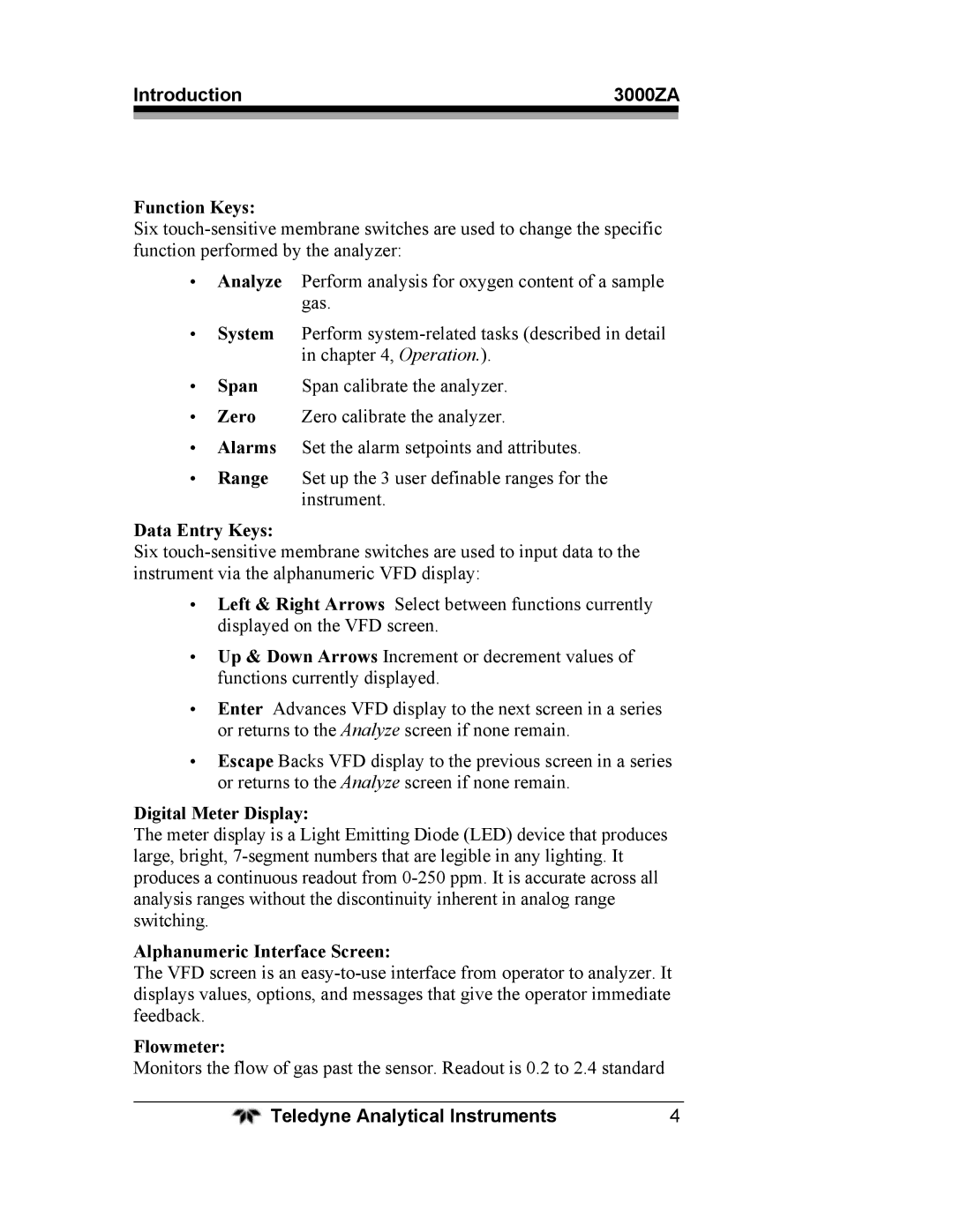 Teledyne operating instructions Introduction 3000ZA 