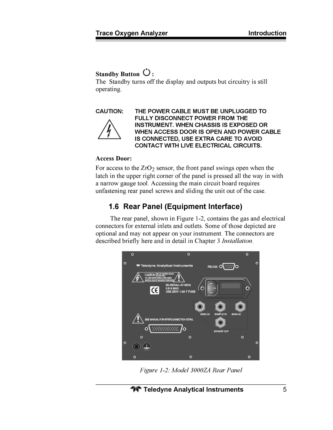 Teledyne operating instructions Rear Panel Equipment Interface, Model 3000ZA Rear Panel 