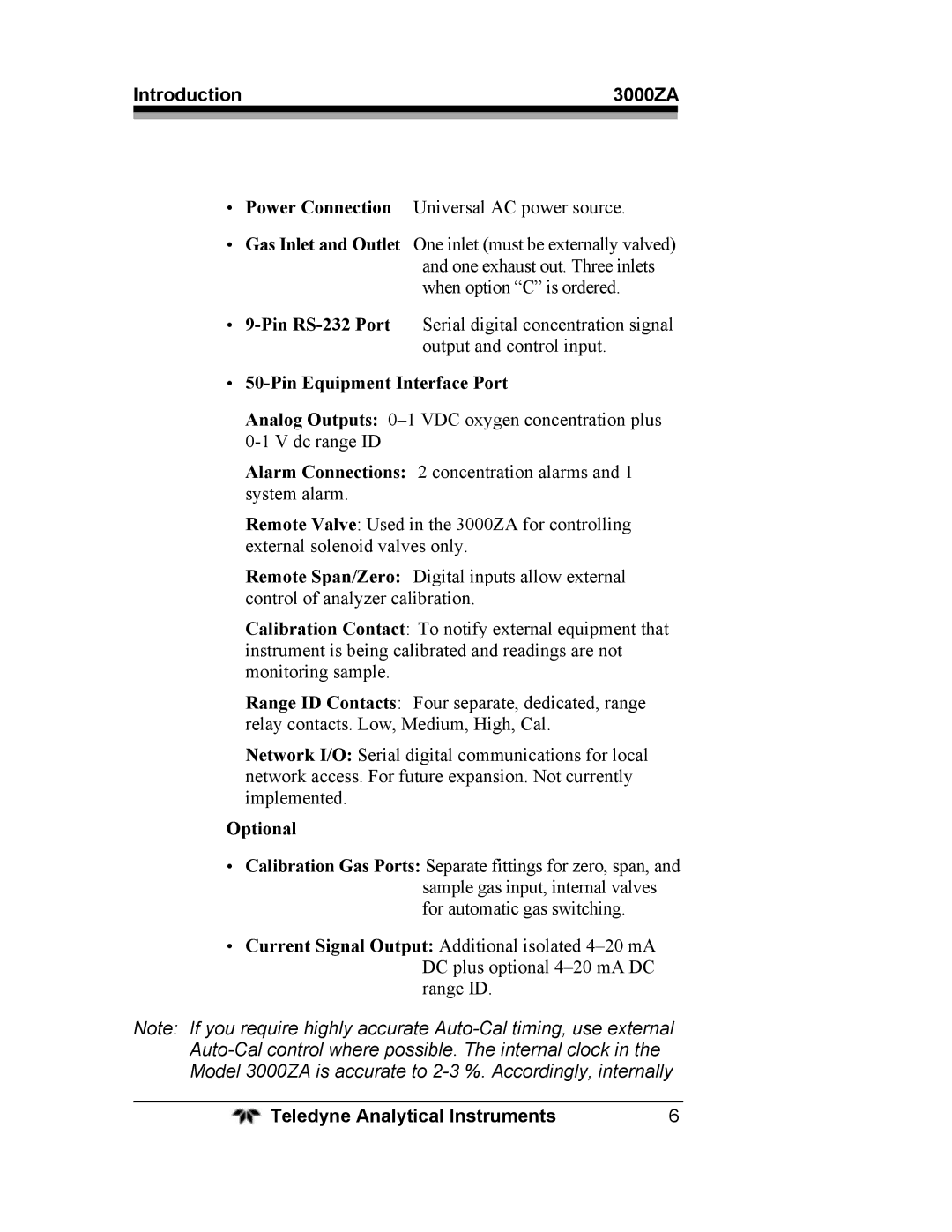 Teledyne 3000ZA operating instructions Power Connection Universal AC power source 