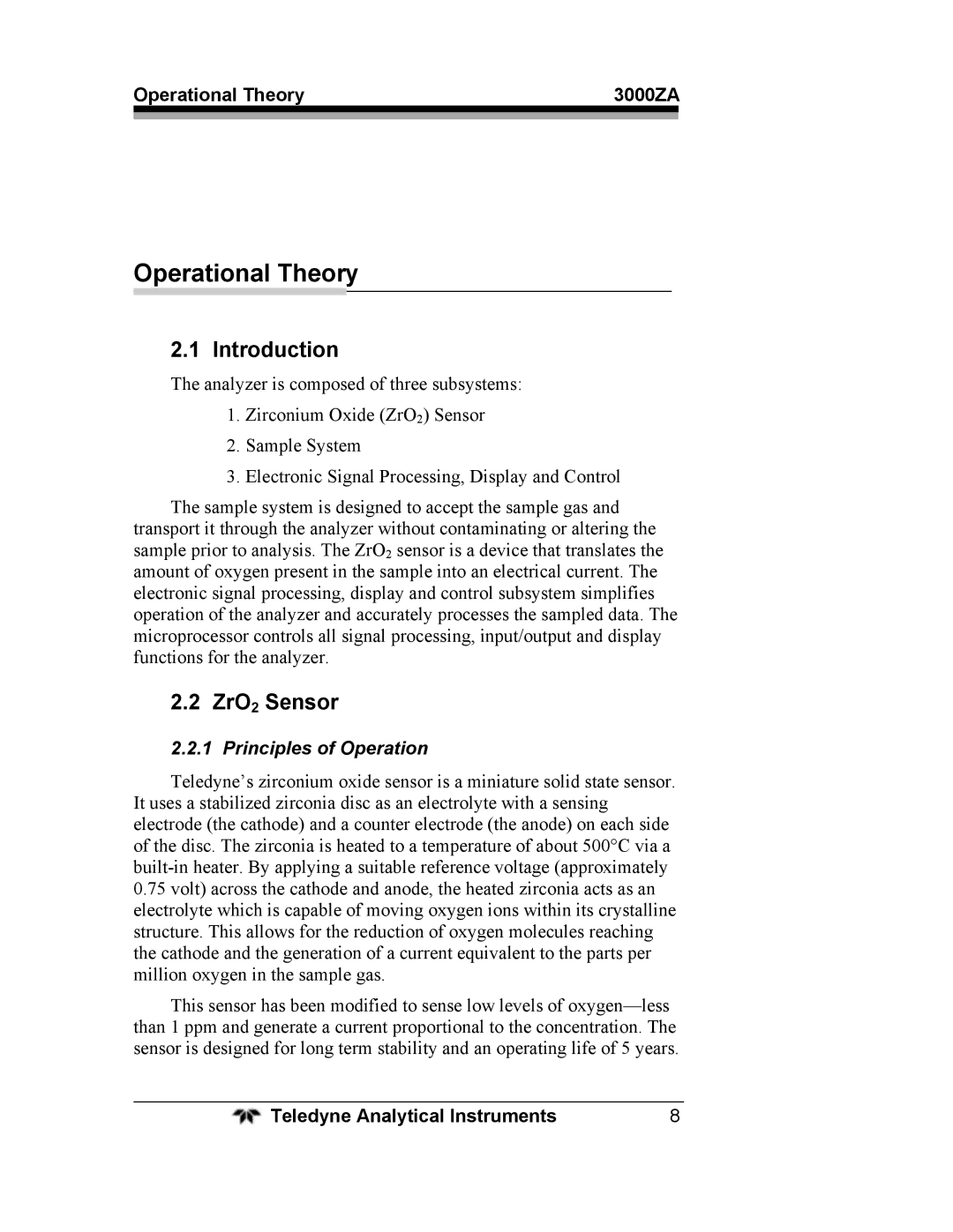 Teledyne 3000ZA operating instructions Operational Theory, Introduction, ZrO2 Sensor, Principles of Operation 